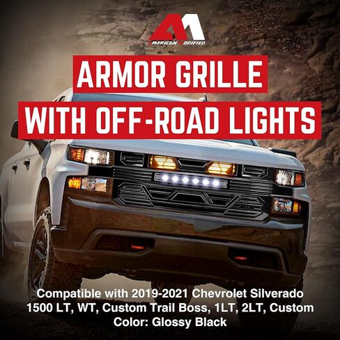 AMERICAN MODIFIED Armor Grille with LED Lights for 2019-2021 Chevy Silverado 1500, Chrome in Kuwait