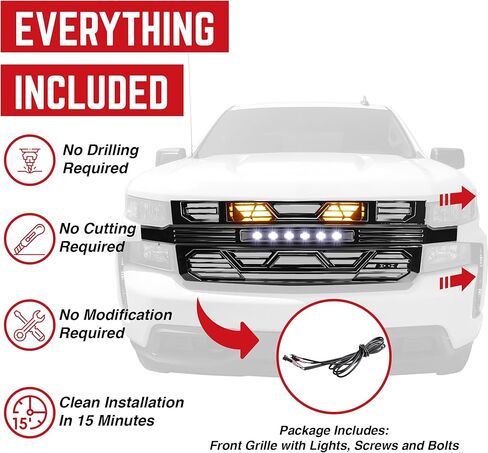 AMERICAN MODIFIED Armor Grille with LED Lights for 2019-2021 Chevy Silverado 1500, Chrome in Kuwait