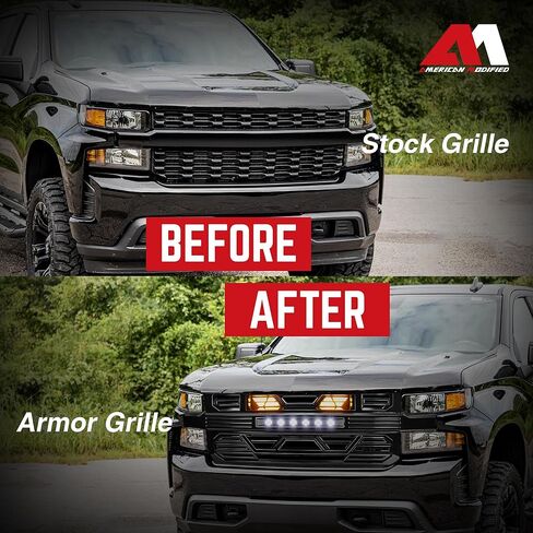 AMERICAN MODIFIED Armor Grille with LED Lights for 2019-2021 Chevy Silverado 1500, Chrome in Kuwait