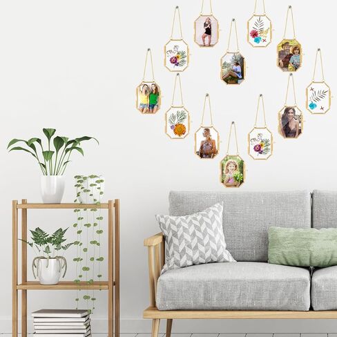 12 قطعة إطار زجاجي مزدوج للزهور المضغوطة لعينات النباتات العشبية، 2.5 × 3.5 بوصة معرض DIY مثبت على الحائط ديكور إطار عائم معلق إطار صورة مثمن، أفقي وعمودي (ذهبي) in Saudi Arabia