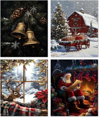 XUNLURY Vintage Christmas Diamond Art Kits 2 Pcs, Winter Christmas Bow Xmas Tree Snowy Scene Diamond Painting Kits for Adults Beginners, Full Drill Diamonds Dots for Home Decor, 9.8x11.8 Inch in Saudi Arabia