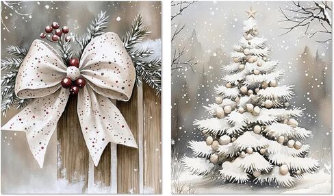 XUNLURY Vintage Christmas Diamond Art Kits 2 Pcs, Winter Christmas Bow Xmas Tree Snowy Scene Diamond Painting Kits for Adults Beginners, Full Drill Diamonds Dots for Home Decor, 9.8x11.8 Inch in Saudi Arabia