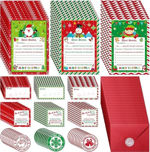Harloon 150 Pcs Letter to Santa Writing Kit Christmas Wish List Snowman Elf Xmas Letter Paper Stationery with Sticker Nice Naughty Snowflake Envelopes Christmas List for Holiday Greeting Supplies in Saudi Arabia