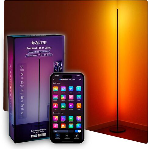 Aura RGBICW Floor Lamp, Ambient Lighting LED Corner Light App & Voice Control with Music Sync 1000 Lumen 4-Billion Colors, 90+ CRI, Preset & Custom Colors & Scenes, Modern Floor Lamps for Living Room in Saudi Arabia