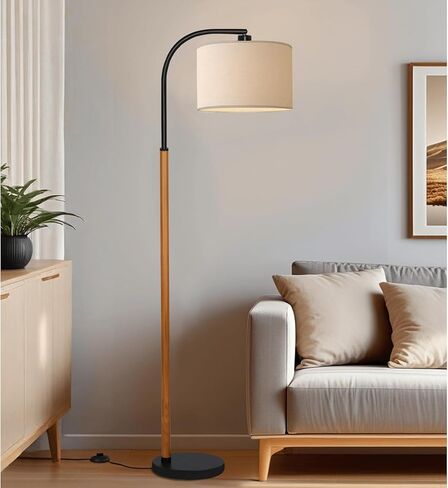 66" Brown Black Arc Floor Lamps for Living Room, 1200 Lumens 3-Level Brightness Wood Floor Lamp for Bedroom, Vintage Mid Century Black Standing Lamp, Adjustable Lampshade, LED Bulb Included in Saudi Arabia
