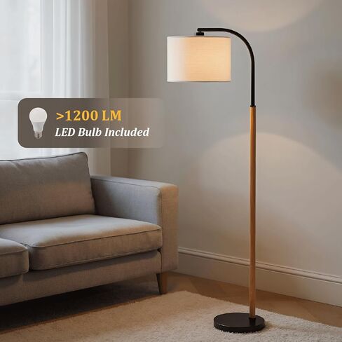 66" Brown Black Arc Floor Lamps for Living Room, 1200 Lumens 3-Level Brightness Wood Floor Lamp for Bedroom, Vintage Mid Century Black Standing Lamp, Adjustable Lampshade, LED Bulb Included in Saudi Arabia