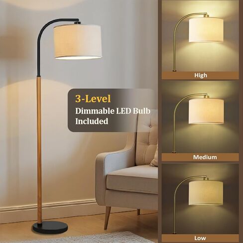 66" Brown Black Arc Floor Lamps for Living Room, 1200 Lumens 3-Level Brightness Wood Floor Lamp for Bedroom, Vintage Mid Century Black Standing Lamp, Adjustable Lampshade, LED Bulb Included in Saudi Arabia