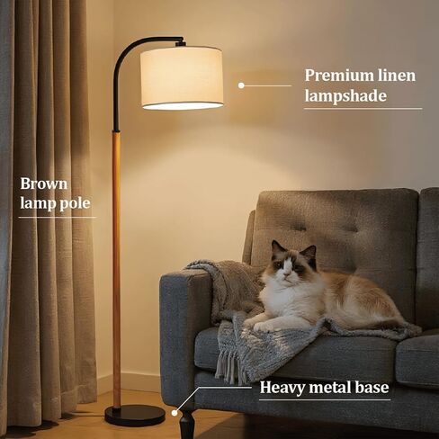 66" Brown Black Arc Floor Lamps for Living Room, 1200 Lumens 3-Level Brightness Wood Floor Lamp for Bedroom, Vintage Mid Century Black Standing Lamp, Adjustable Lampshade, LED Bulb Included in Saudi Arabia