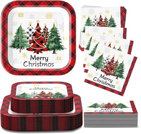 Christmas Paper Plates and Napkins Supplies, Square Christmas Plates Disposable Party Set for 25 in Saudi Arabia