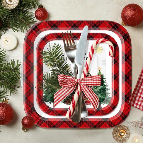 Christmas Paper Plates and Napkins Supplies, Square Christmas Plates Disposable Party Set for 25 in Saudi Arabia
