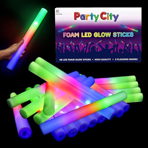 Party City 24pk LED Foam Glow Sticks 14"- Glow in the Dark Party Supplies Favors, Colorful Flashing Wand with 3 Modes, Light Up Foam Sticks Bulk Party Pack for Wedding, Birthday, Concert in Saudi Arabia