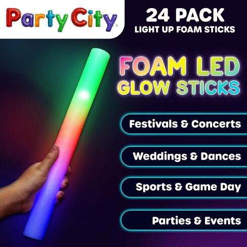 Party City 24pk LED Foam Glow Sticks 14"- Glow in the Dark Party Supplies Favors, Colorful Flashing Wand with 3 Modes, Light Up Foam Sticks Bulk Party Pack for Wedding, Birthday, Concert in Saudi Arabia