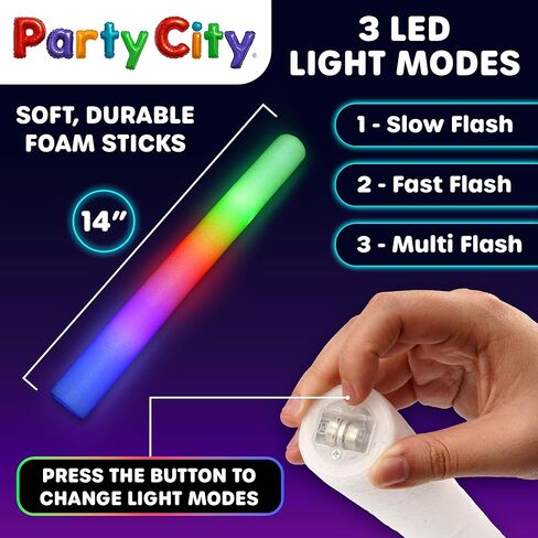 Party City 24pk LED Foam Glow Sticks 14"- Glow in the Dark Party Supplies Favors, Colorful Flashing Wand with 3 Modes, Light Up Foam Sticks Bulk Party Pack for Wedding, Birthday, Concert in Saudi Arabia