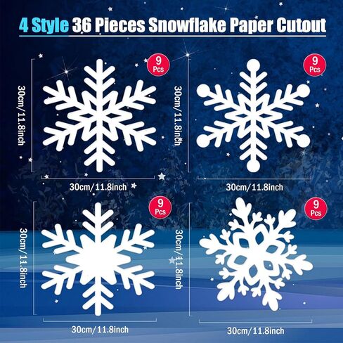36 Pcs 12 Inch Snowflake Paper Cutouts Large Christmas Snowflakes Shapes Die Cuts 12' White Winter Snowflake Classroom Bulletin Board Decor with Glue Points for DIY Craft Holiday Xmas Party Supplies in Saudi Arabia
