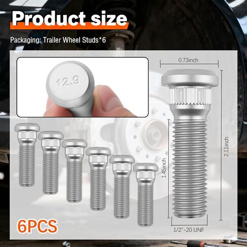 6PCS 1/2"-20 UNF Trailer Wheel Studs Compatible with Dexter/Lippert 2000-7000 lb Axles,Grade 12.9 Trailer Wheel Bolts Length 2.11"/Head 0.73"/Spline 0.56",Sturdy Wheels Lug Stud in Saudi Arabia