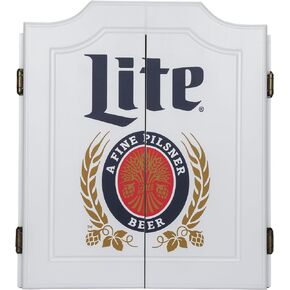 Dart Board Cabinet Set - Miller Lite Retro Dart Board with 6 Steel Tip Darts, Scoreboard, Hanging Wood Cupboard by Trademark Gameroom