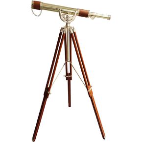 Nautical Antique Brass Telescope Single Barrel Shiny Finish Telescope Floor Standing Wooden Brown Tripod Vintage High Magnification Telescope Home Decor - Navirock