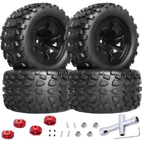 AllinRC 1/10 Scale RC Truck Tires and Wheels Pre-Glued with Aluminum 12mm Wheel Hex Nuts Compatible with 1/10 Arrma Granite Big Rock Vorteks Monster Truck (4 Pack)