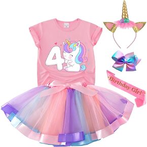 Tutu and Sian Unicorn Birthday Outfit for Girls - Unicorn Shirt, Tutu Skirt Dress, Birthday Girl Crown, Hair Bow & Satin Sash