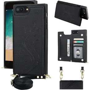 KIHUWEY iPhone iPhone 8 Plus iPhone 7 Plus Crossbody Wallet Case with Card Slots, Embossed Pattern Wrist Strap Kickstand Shoulder Crossbody Cover Case 5.5 Inch (Black)