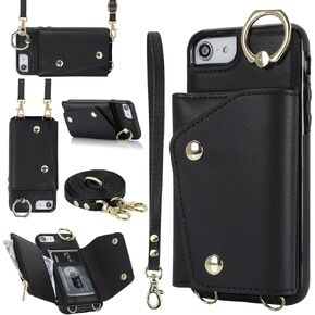 UEEBAI Crossbody Wallet Case for iPhone SE3 5G/iPhone 7/iPhone 8/iPhone SE2, Card Slot Phone Case with Zipper Pocket Kickstand Purse Hand Strap Cover Removable Crossbody Wrist Strap Flip Case -Black
