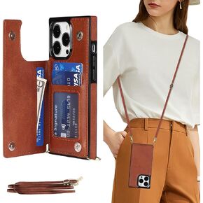 DEFBSC Compatible with iPhone 11 Pro Case, Crossbody Wallet Case, Adjustable Detachable Lanyard Neck Strap with Kickstand Leather Card Holder Protective Cover-Brown