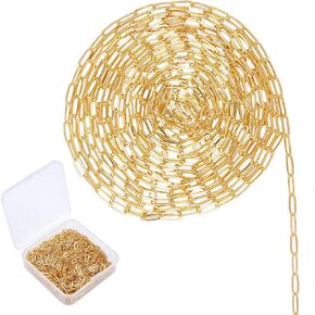 SUNNYCLUE 32Feet Gold Paperclip Chains Link Spool Bulk Necklace Width 2.6mm for Women Jewelry Necklace Bracelet Pendant Making,Golden