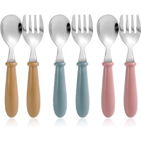 طقم أواني للأطفال الصغار مكون من 6 قطع، شوك وملاعق للأطفال بمقابض دائرية بألوان ناعمة، أدوات مائدة آمنة للأطفال، طول مثالي للأطفال الصغار، آمن للاستخدام في غسالة الأطباق in Kuwait