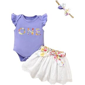 Aslaylme Baby Girl 1st Birthday Outfit First Birthday Floral Clothes One Year Old Birthday Flower Lace Skirt Set