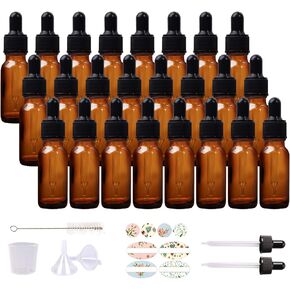 HWASHIN 24 Pack 1/2 oz Amber Glass Bottles with Glass Eye Droppers for Essential Oils, Perfumes & Lab Chemicals (1 Brush, 2 Funnels, 2 Extra Droppers, 36 Pieces Labels & Measuring Cup Included)