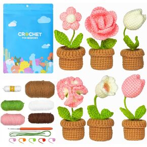 cnomg Crochet Kit for Beginners Flower Crochet Sets for Beginners Knitting Kit for Beginners Adults Flowers with Step by Step Videos Beginner Crochet Kit for Birthday, Valentine's Day, Mother's Day