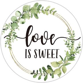 ملصقات Love is Sweet، ملصقات هدايا الزفاف، ملصقات زفاف خضراء، هدايا دش الزفاف، عبوة من 50 قطعة، ملصقات هدايا دائرية مقاس 5 سم