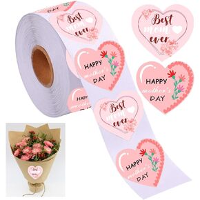 Happy Mother's Day Stickers 2 Inch Pink Heart Shaped Stickers Best Mom Ever Gift Labels Mothers Day Presents Stickers for Envelope Seal Flower Boxes Party Favor Decoration (Pack-500)