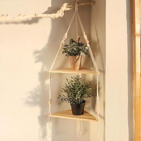 Misumango Macrame Wall Hanging Shelf - 2 Tier Plant Shelf Plant Hanger Indoor Floating Shelves, Boho Wood Corner Shelf Wall Mount Plant Holder for Wall Decor, White