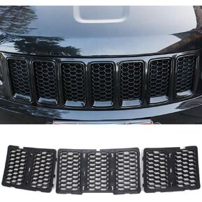 CheroCar Black Front Grill Inserts Trim Honeycomb Mesh Grill Ring Cover Kit Fits Jeep Grand Cherokee 2014-2016, Exterior Decoration Accessories, 3Pack…