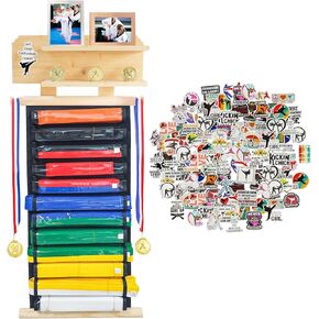 رف عرض حزام الكاراتيه 12 حزامًا من ELEGICKLIP مع رف عرض الكأس والميدالية بطبقتين، رف عرض حزام التايكوندو مع شماعة ميدالية وملصقات للأطفال والكبار in Kuwait