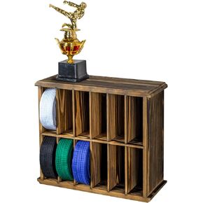 MyGift 12 Compartment Rustic Burnt Solid Wood Wall Mounted Dual Display Martial Arts Belt Holder with Top Trophy Storage Shelf in Horizontal or Vertical Mount
