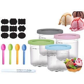 Litex Ninja Creami Pints 4 Pack，Creami Pints and Lids for Ninja，Smoothie Pot Compatible with NC299AMZ & NC300s Series Creamer Ice Cream Maker Machine，Dishwasher Safe, W/ 4X Spoon, 1 Marker and Sticker