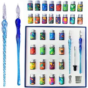 AIVN Premium Glass Pen Set, 21 Pieces - Calligraphy and Drawing Pen Set, Includes 2 Glass Pens, 16 Bottles of Ink, Pen Holder, Cleaning Cup, and Introduction Booklet in Kuwait
