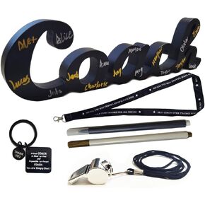 6 Pack Thank You Coach Gift Kit Including Black Coach Wood Sign, Coach Pen, Coach Lanyard, Whistles with Rope Coach Keychain for Referee Football Gym Sports Teacher Coach Men Women Gifts Set for Home