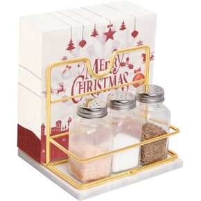 Napkin Holder, Napkin Holder for Table, Marble Napkin holders for Kitchen with Salt and Pepper Shakers Caddy, Modern Napkin Dispenser Holders for Paper Napkins (Marble Base, Black Napkin Holder)