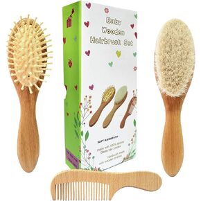 Molylove 3 Piece Baby Hair Brush and Comb Set for Newborn & Toddlers- Natural Wooden Hairbrush with Soft Goat Bristles for Cradle Cap - Perfect Scalp Grooming Product for Infant, Toddler, Kids, Baby