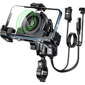 Kewig Motorcycle Phone Mount with Qi 15W Wireless Charger & USB C 36W Fast Charging Port, No Block Camera, Anti-Theft Phone Holder Handblebar with Vibration Dampener Fit for 5.4-7.2" Phones
