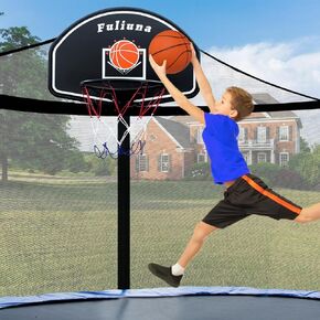 Trampoline Basketball Hoop, Basketball Hoop for Trampoline Fits for 25mm Straight Pole & Curved Pole, Trampoline Basketball Hoop Attachment with Protective Net,Mini Ball,Pump, Easy to Install