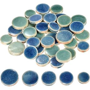 MECCANIXITY 200g Ceramic Mosaic Tiles for Crafts Bulk, Round Ice Crack Blue Green Ceramic Tiles for Mosaic Kits Garden Stepping Stone Cup Mat