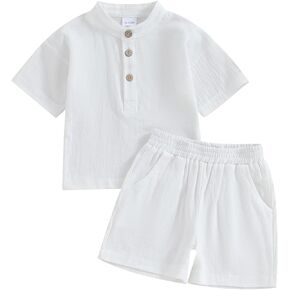 Lesimsam Toddler Baby Boy Clothes Solid Color Cotton Linen Short Sleeve Henley Shirts and Shorts Set 2Pcs Summer Outfits