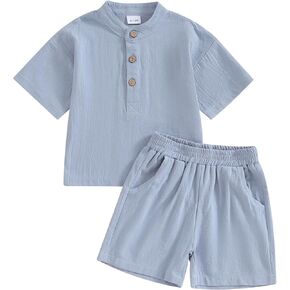 Lesimsam Toddler Baby Boy Clothes Solid Color Cotton Linen Short Sleeve Henley Shirts and Shorts Set 2Pcs Summer Outfits