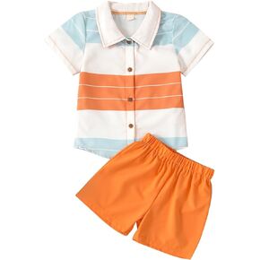 VKOMEO Toddler Baby Boy Summer Clothes Outfits 2Pcs T-Shirt Short Sleeve Striped Button-Down Tops + Shorts Set