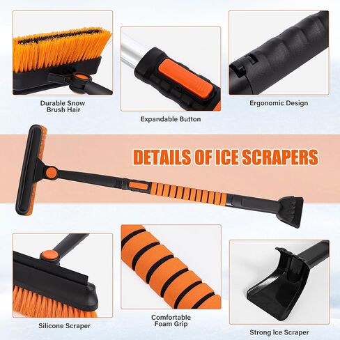 OPKING 31" Ice Scrapers for Car Windshield, 3-in-1 Extendable from 31" to 40" Snow Brush with Squeegee, Snow Scraper with 180° Pivoting Brush Head and Foam Grip for Car Windshield, Truck, SUV in Kuwait