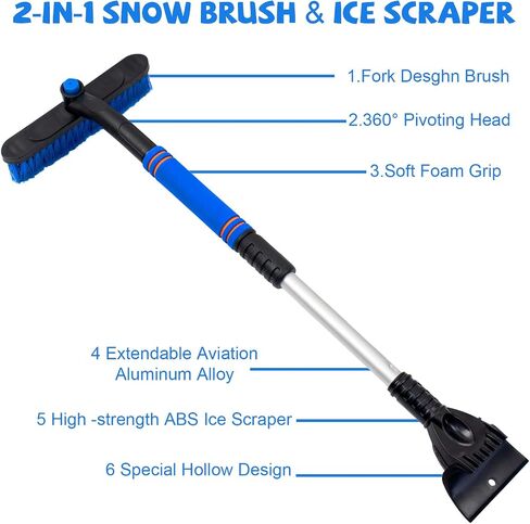 OuMuaMua Ice Scraper with Brush for Car Windshield - 32" Blue Extendable Snow Brush with Foam Grip for Cars SUVs Trucks Winter Accessories in Saudi Arabia